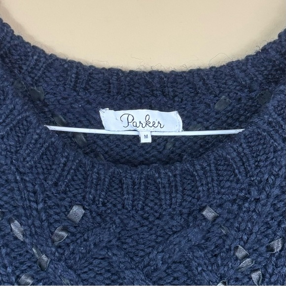 Parker Betsey Woven Leather Crewneck Cable Knit Sweater in Navy Blue Size Medium - Picture 7 of 9